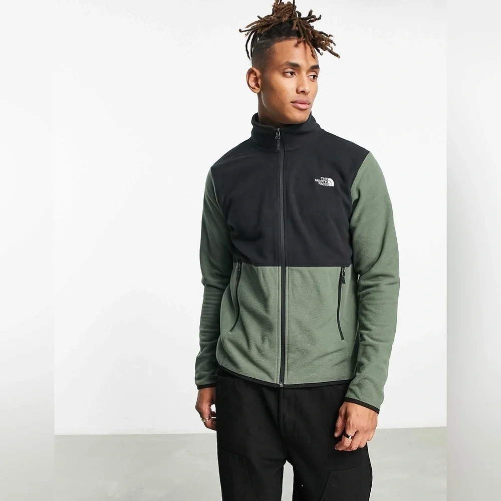 The North Face TKA Glacier zip up fleece in olive and black